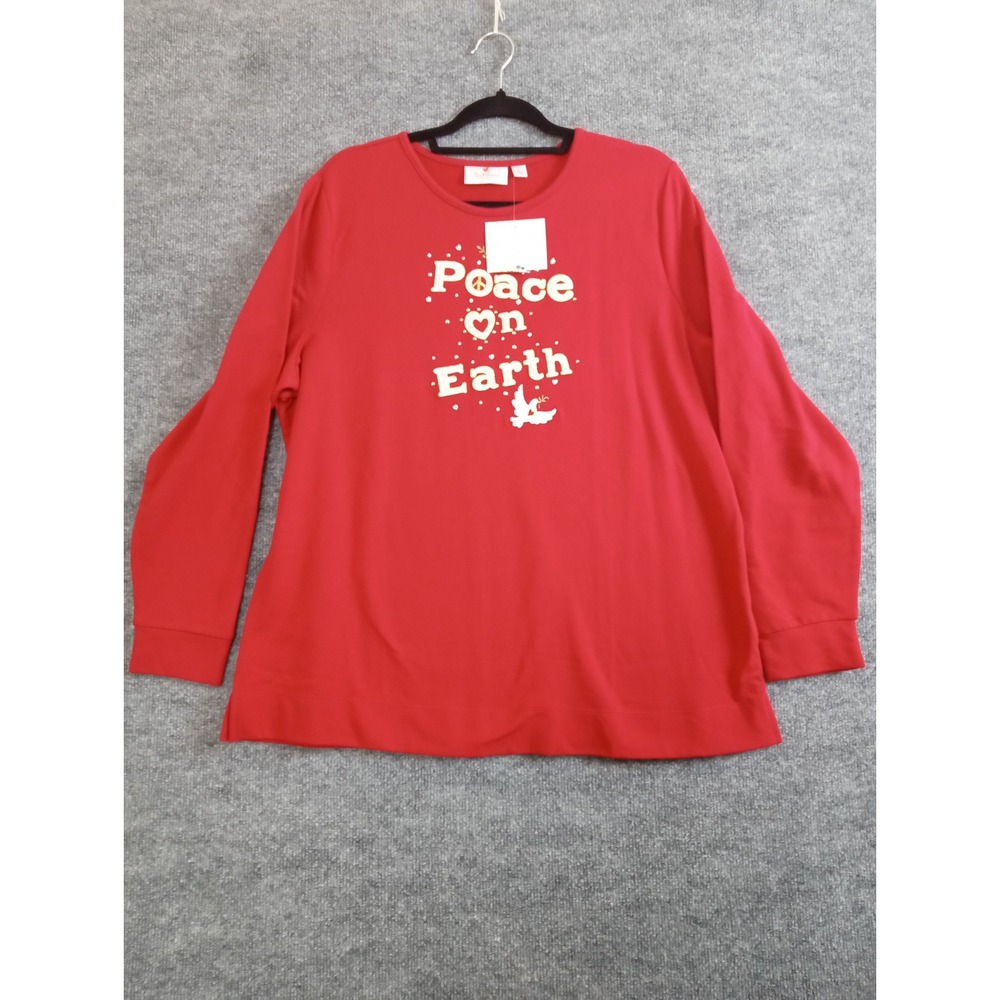 Orchard Factory Peace On Earth Red Long Sleeve Top Holiday Christmas Shirt L‎